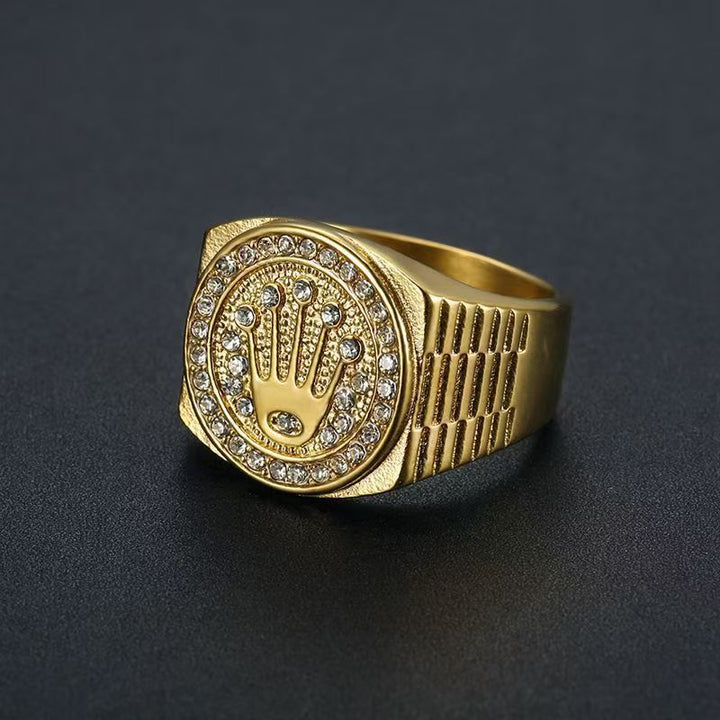 Hamsa Hand Paved Diamnd Vintage Wide Signet Ring, S925 Silver Gold & Silver Two Tone Hip Hop Men’s Band