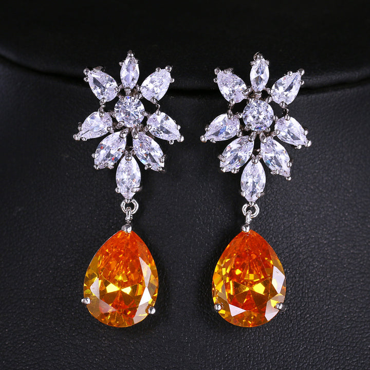 Snowflake Diamond Cluster Teardrop Drop S925 Silver Earrings, Multi-color Gem Long Evening Earrings