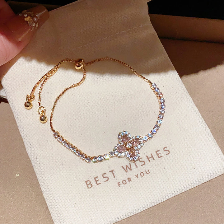 Luxury Four-Leaf Clover Pink Diamond Adjustable Bracelet, Gold & Silver Paved Diamond Pull Chain Women Bracelet