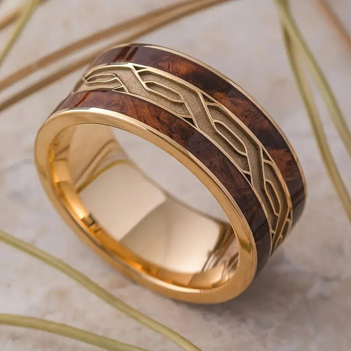 Gold‑Toned Celtic Pattern Wood Inlay Wide Band Ring For Men
