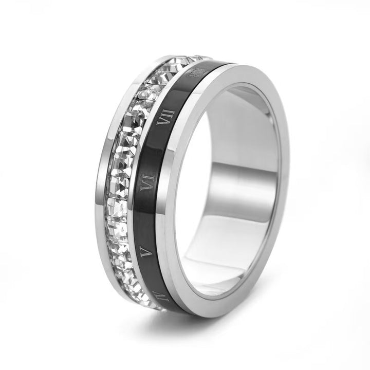 Rotatable Roman Numeral Diamond Inlaid Ring, 3-Color European Luxury Stress Relief Wide Couple Band
