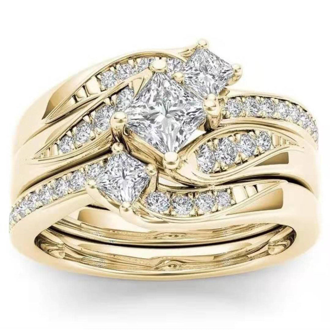 Multi‑Tone Princess‑Cut Stone Wave Stackable Ring Set