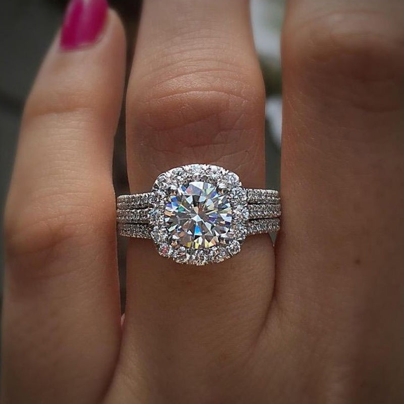 Double Halo Round Diamond Triple Row Band Ring Set, Luxury Center Stone Full Paved Engagement Ring, Gold Silver Rose Gold Three Tones Available