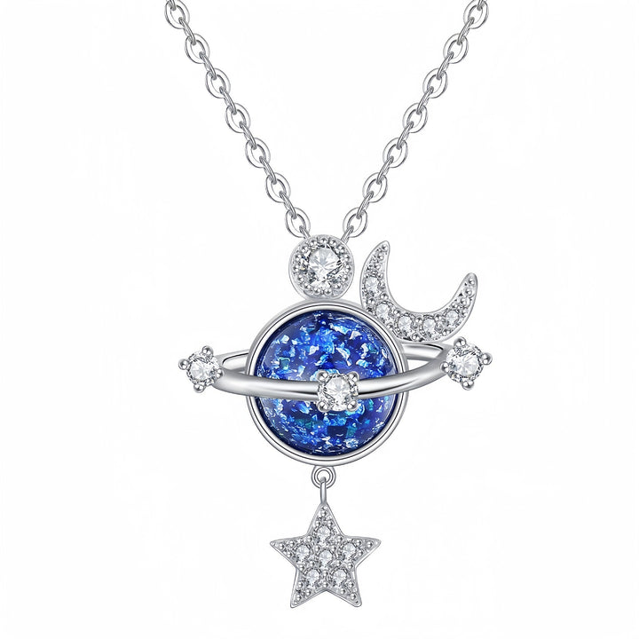Moon Star Planet Blue Glitter Resin Necklace, Luxury Paved Diamond Starry Sky Dainty Clavicle Necklace for Women
