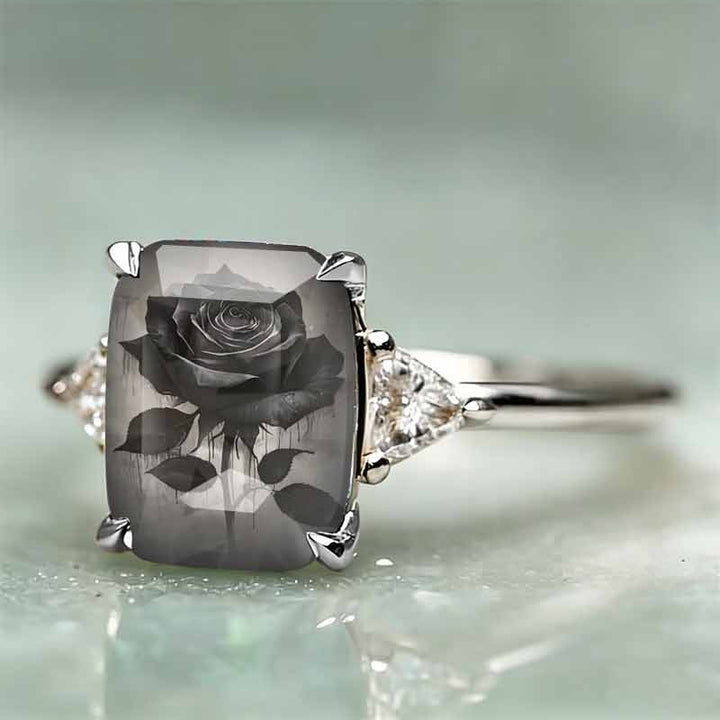 Rectangle‑Shape Black Rose Printed Ring, Two‑Tone Options