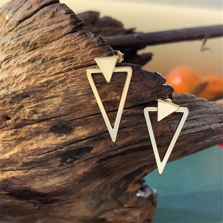 S925 Silver Geometric Double Triangle Earrings, Minimalist Hollow Triangle Drop Earrings in Gold & Silver