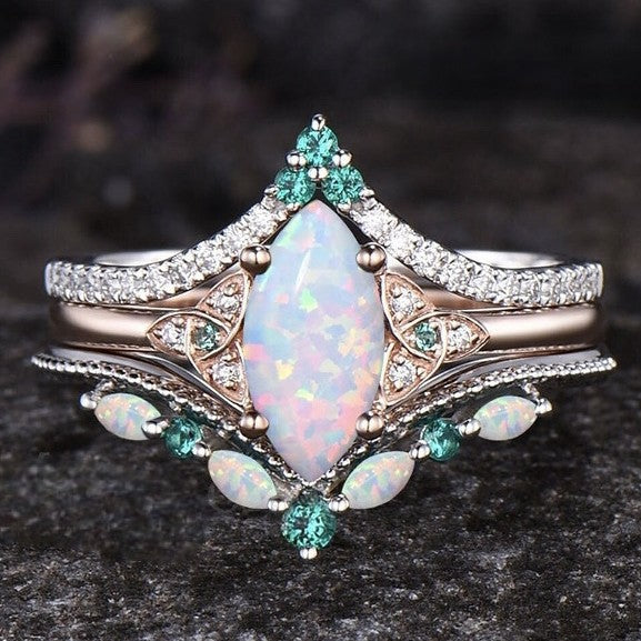 Marquise Opal Crown 3-Piece Stackable Ring Set, 3-Tone Vintage Luxury Paved Wedding Engagement Ring Set for Women