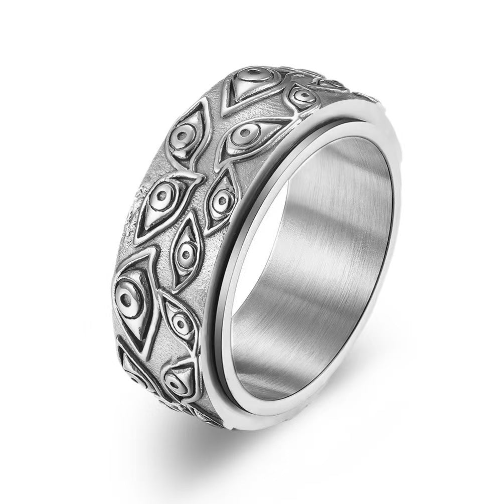 Evil Eye Embossed Rotatable Spinner Ring, Vintage All-Seeing Eye Titanium Steel Fidget Band Gold Silver Black Unisex Jewelry