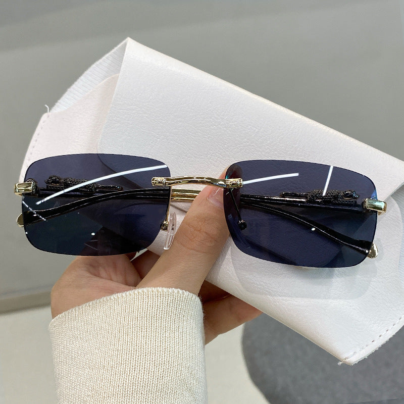 Luxury Leopard Carved Rimless Cut Sunglasses, Multi Gradient UV Protection Shades