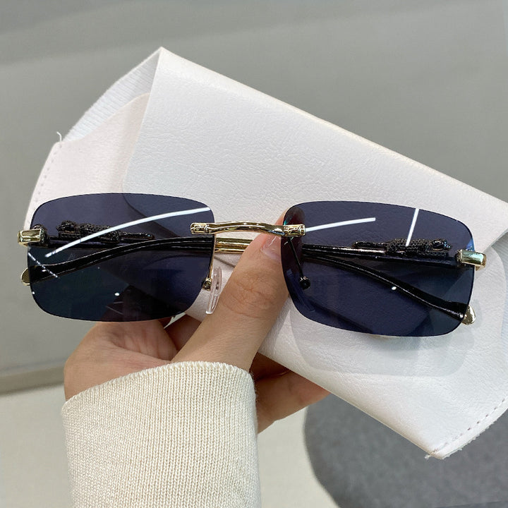 Luxury Leopard Carved Rimless Cut Sunglasses, Multi Gradient UV Protection Shades