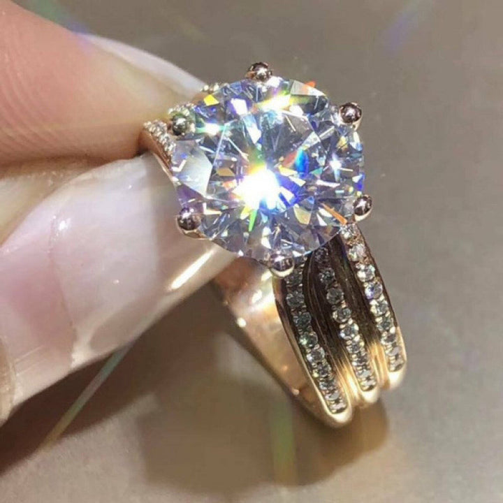 Six‑Prong Main Diamond Three‑Row Paved S925 Sterling Silver Ring, 3 Colors Available