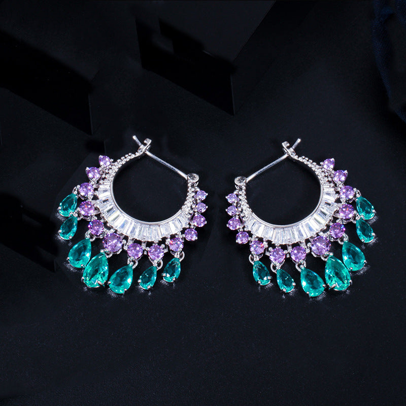 Heavy Craft Gem Crescent Teardrop Dangle Hoop Earrings, Full Paved Multi-Layer Tassel Click Hoop, Luxury Stage Banquet Formal Jewelry