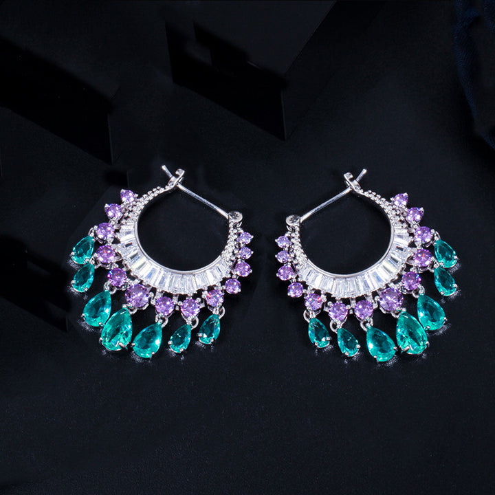 Heavy Craft Gem Crescent Teardrop Dangle Hoop Earrings, Full Paved Multi-Layer Tassel Click Hoop, Luxury Stage Banquet Formal Jewelry