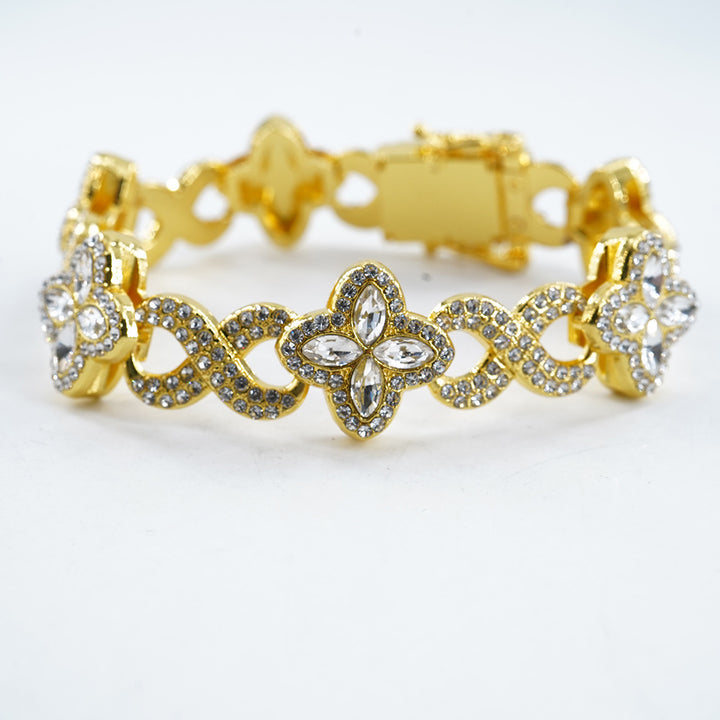 Infinity Knot Clover Clear Diamond Jewelry Set, Gold & Silver Tone Luxury Pave White Gemstone Bracelet & Necklace