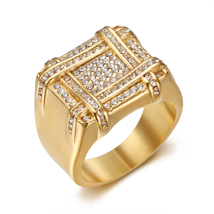 Paved Grid Square Wide Signet Ring, S925 Silver 14K Gold Plated Heavy Luxury Unisex Statement Band