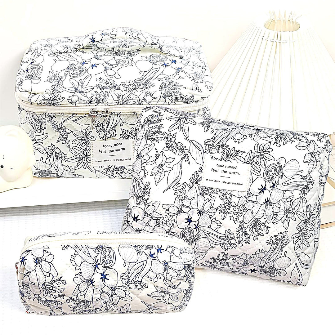 Floral Quilted 3-Piece Makeup Bag Set, Large Capacity Handheld Cosmetic Bag Portable Storage Pouch & Pencil Case Kit