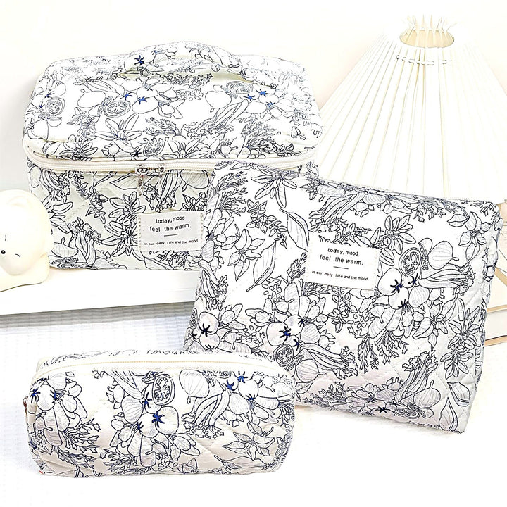 Floral Quilted 3-Piece Makeup Bag Set, Large Capacity Handheld Cosmetic Bag Portable Storage Pouch & Pencil Case Kit