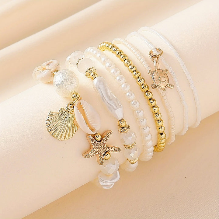 Ocean Style Boho Multi-Layer Shell & Starfish Bracelet, Stackable Beach Vacation Bracelet