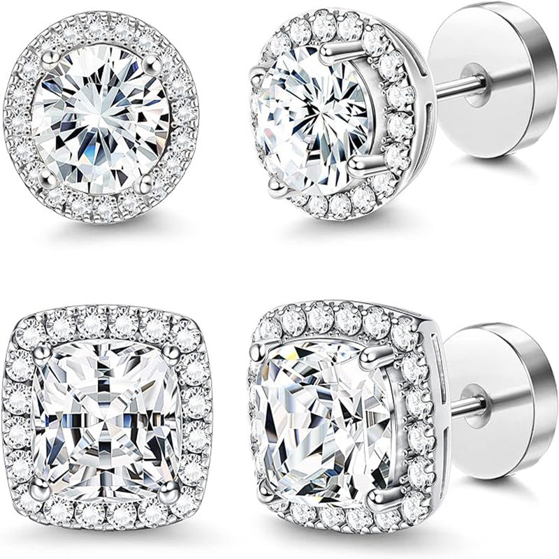 Round & Cushion Halo Diamond S925 Silver Stud Earrings, 4 Colors Dual Style Diamond Earrings