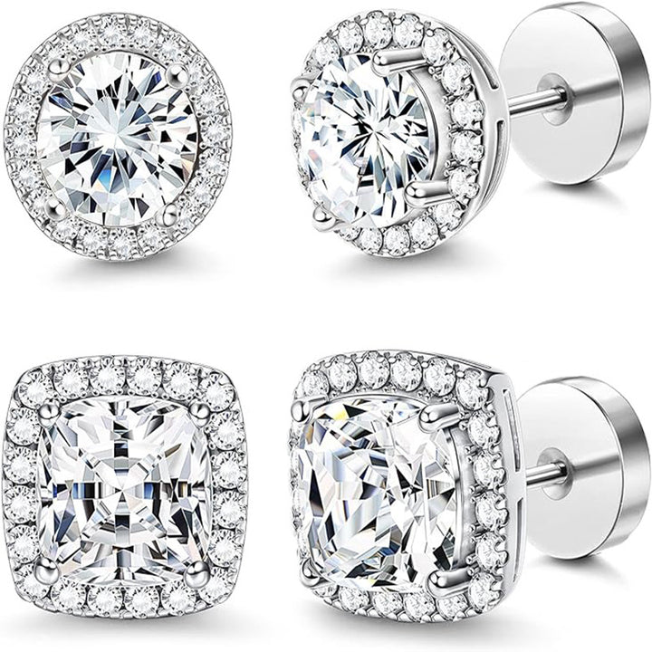 Round & Cushion Halo Diamond S925 Silver Stud Earrings, 4 Colors Dual Style Diamond Earrings