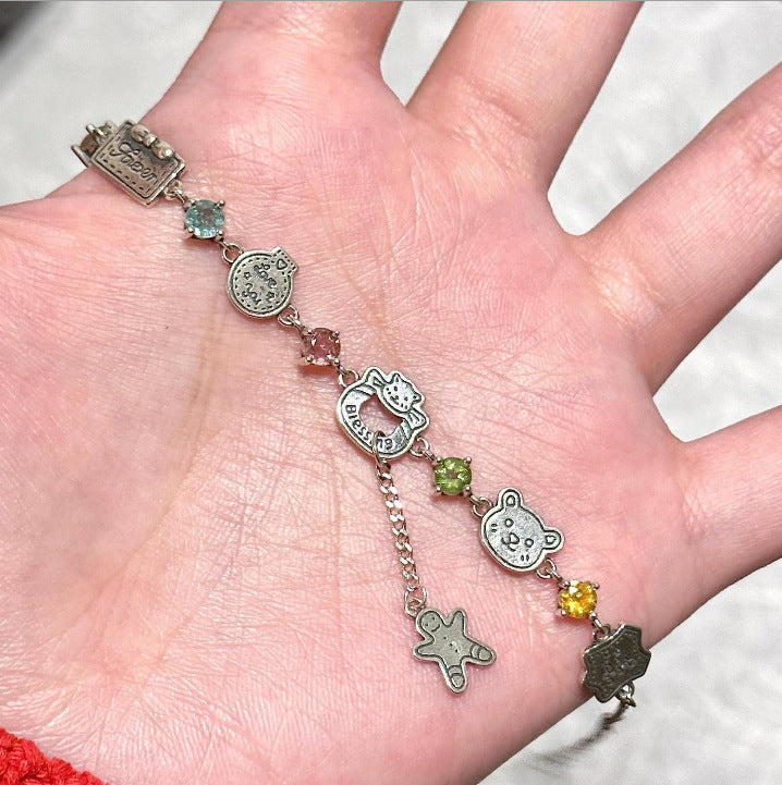 Cute Cartoon Charm Multi-Color Diamond Bracelet (Antique Silver Y2K Women's Chain)