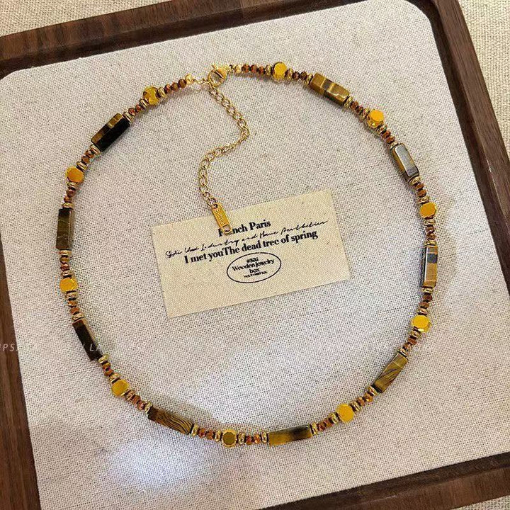 Vintage Tiger Eye Stackable Necklace Set, Mead Style Natural Stone Beaded Choker, Detachable Double Layer Necklaces