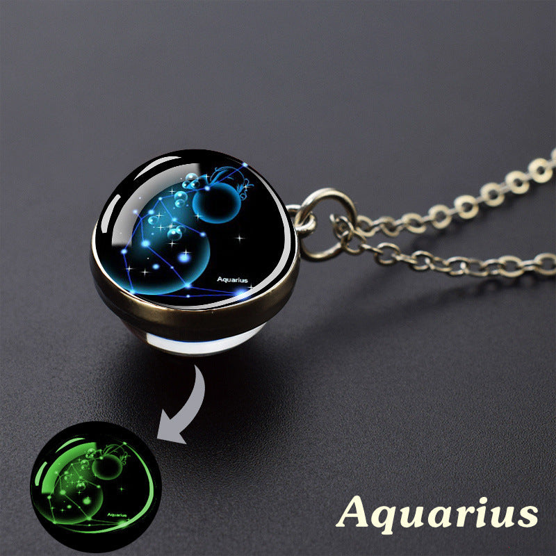 12 Constellations Double‑Sided Glass Ball Pendant Necklace