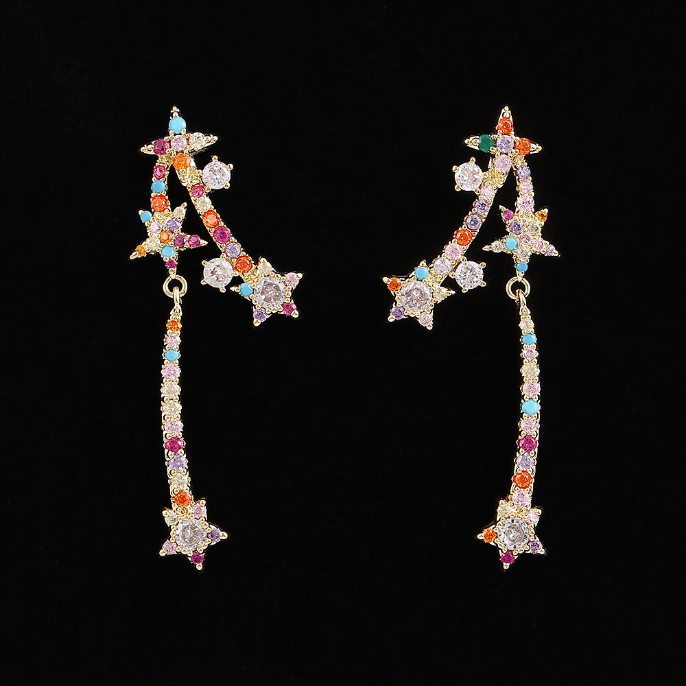 Asymmetric Shooting Star Diamond Drop Earrings, 3 Colors Long Fringe Star Jewelry