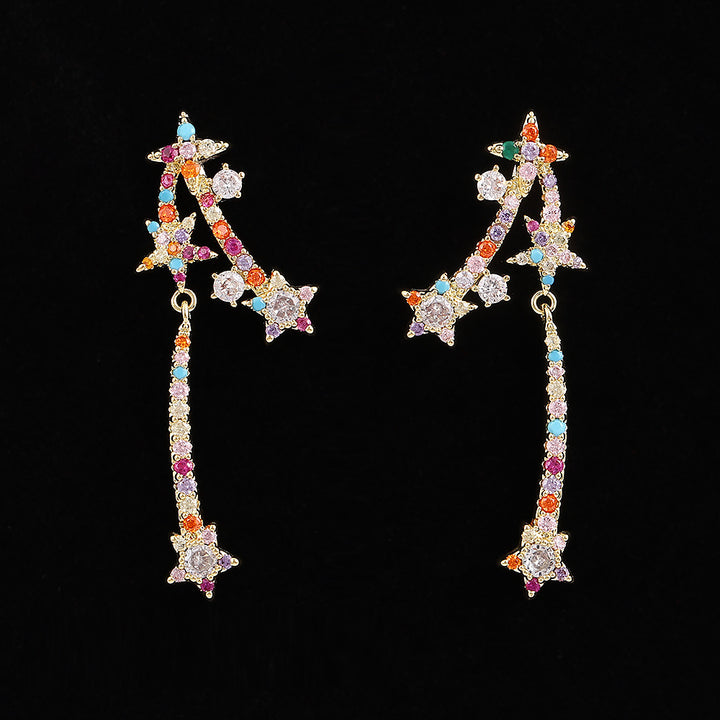 Asymmetric Shooting Star Diamond Drop Earrings, 3 Colors Long Fringe Star Jewelry