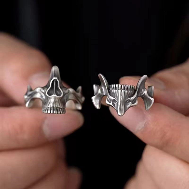 Split Half Skull Open Couple Ring Set, S925 Silver Antiqued Dark Alternative Adjustable Band Pair