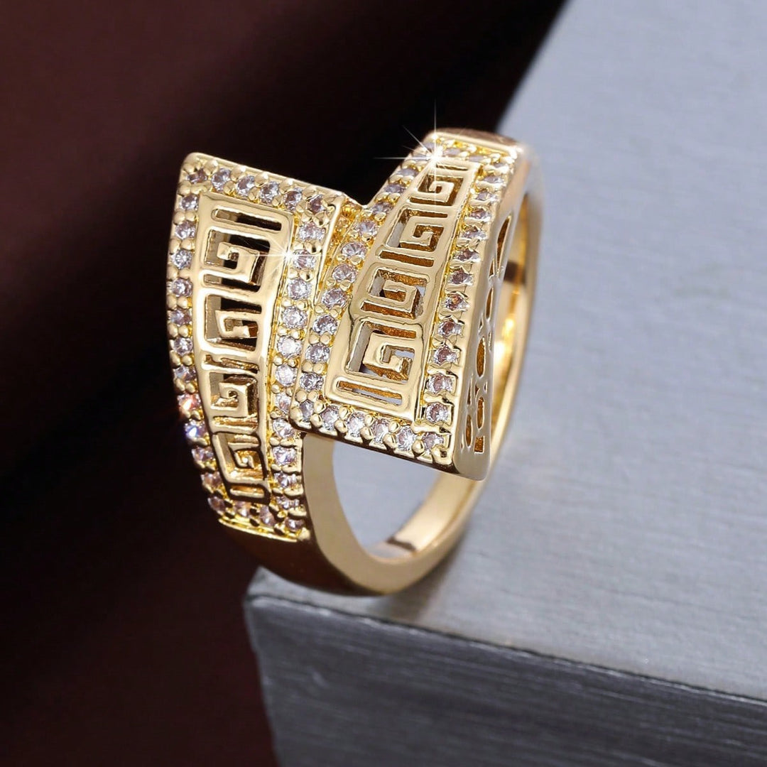 Greek Key Hollow Wrap Ring, Gold Silver Vintage Engraved Damond Wide Band