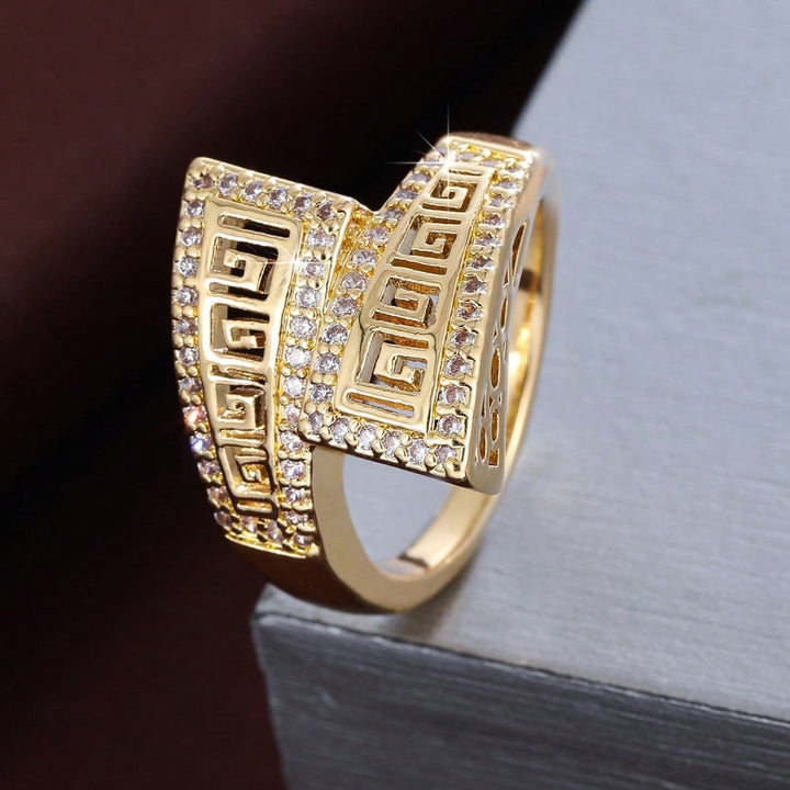 Greek Key Hollow Wrap Ring, Gold Silver Vintage Engraved Damond Wide Band