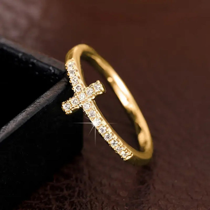 Side Paved Diamond Cross S925 Silver Thin Ring, Minimalist Diamond Band Available in 3 Tones