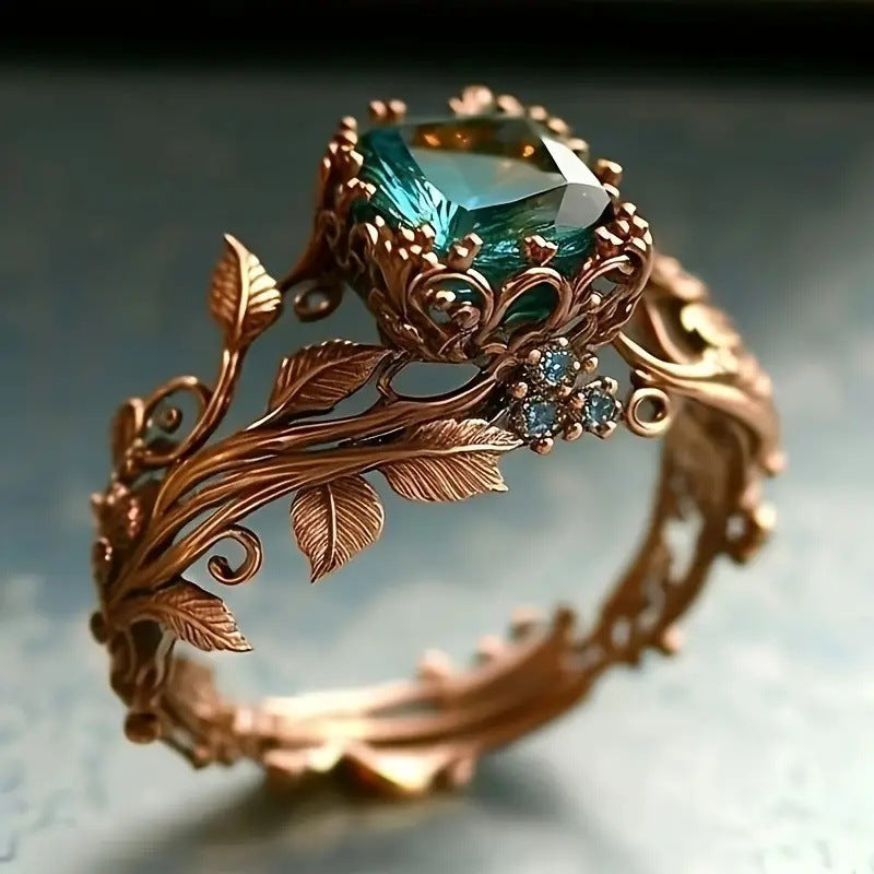 Vintage Twisted Branch Leaf Green Gemstone S925 Silver Ring