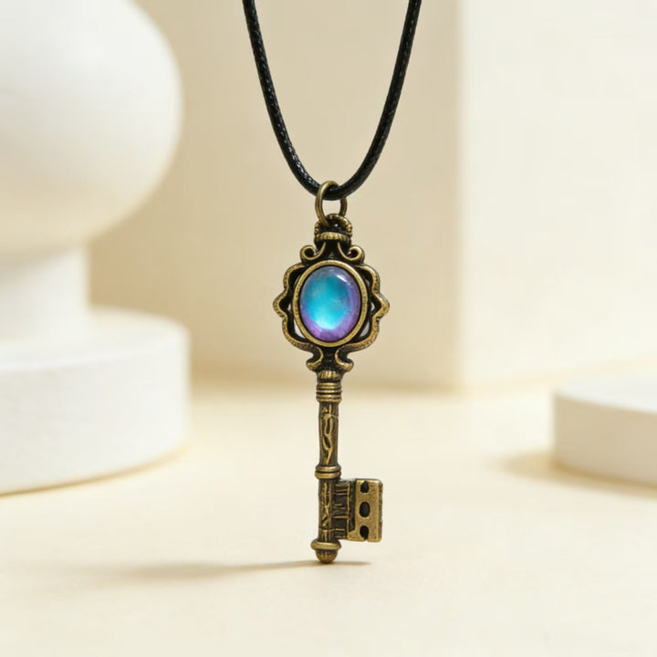 Vintage Antique Bronze Key Pendant Necklace with Blue Crystal