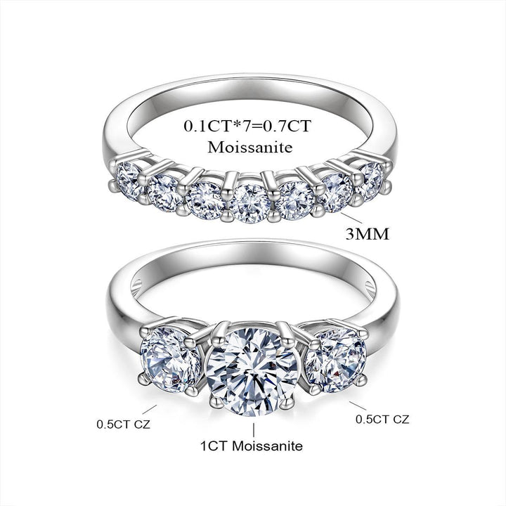 Classic Three Diamond Ring Set, 3-Stone Engagement Ring & Half Eternity Band Gold Silver Stackable Bridal Wedding Rings