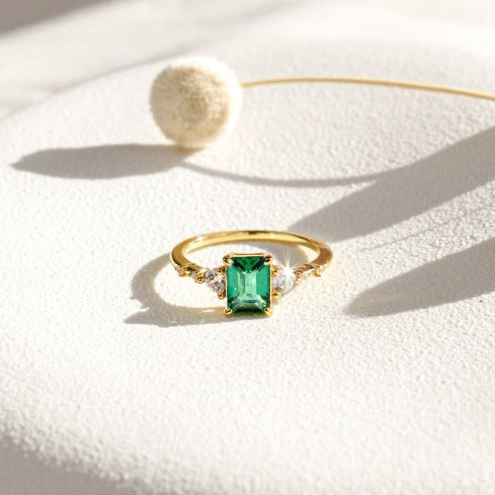 Emerald‑Cut Green Center Stone Three‑Stone Ring, Gold & Silver Two‑Tone Options