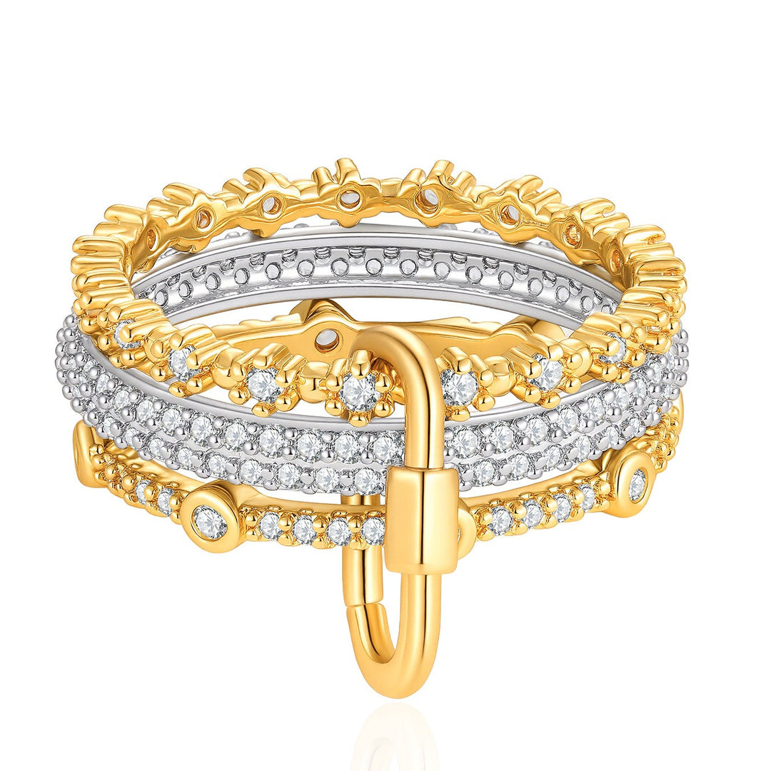 Multi-Layer Lock Paved Diamond S925 Silver Stackable Ring, Luxury Horseshoe Buckle Band Available in 2 Tones