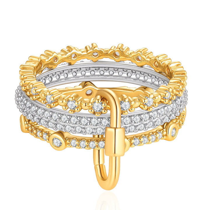 Multi-Layer Lock Paved Diamond S925 Silver Stackable Ring, Luxury Horseshoe Buckle Band Available in 2 Tones