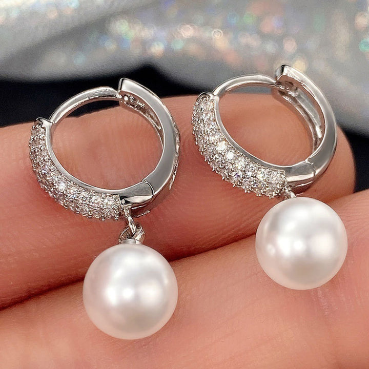 Paved C-Shape Pearl Leverback Hoop Earrings, 2-Way Detachable Dangle Pearl Luxury Daily Earrings for Women