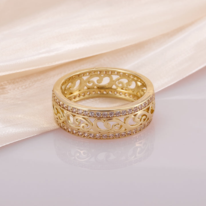 Vintage Scroll Hollow Eternity Ring, Gold Filigree Double Paved Diamond Wide Band For Women