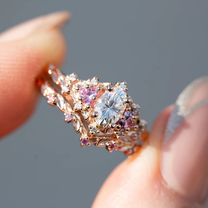 Rose‑Gold‑Tone Oval‑Center Stone Floral‑Leaf Multi‑Stone Ring Set