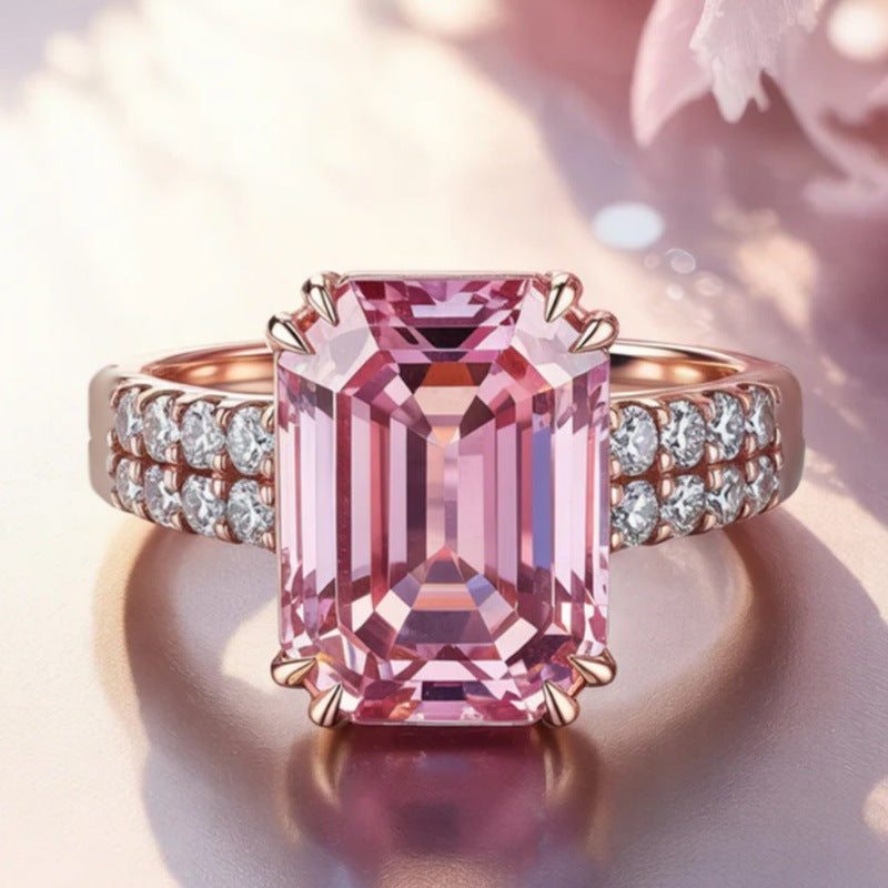 Emerald Cut Pink Diamond Double Shank Ring, Rose Gold Luxury Engagement Ring For Women
