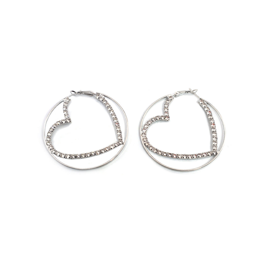 Double Layer Heart Rhinestone Hoop Earrings, Hollow Heart Diamond Circle Earrings, Gold & Silver Sweet Cool Earrings