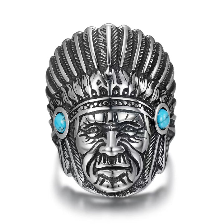 3D Embossed Native American Chief Turquoise Ring, S925 Silver Antiqued Western Vintage Wide Band For Men