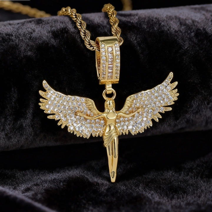 Iced‑Out Spread‑Wings Angel Pendant Hip‑Hop Necklace, Gold & Silver Two‑Tone Options