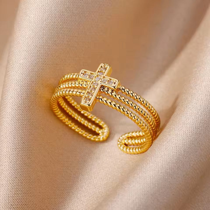 Three-Row Ball Beaded Cross Diamond Open Ring, 2 Colors Adjustable Band