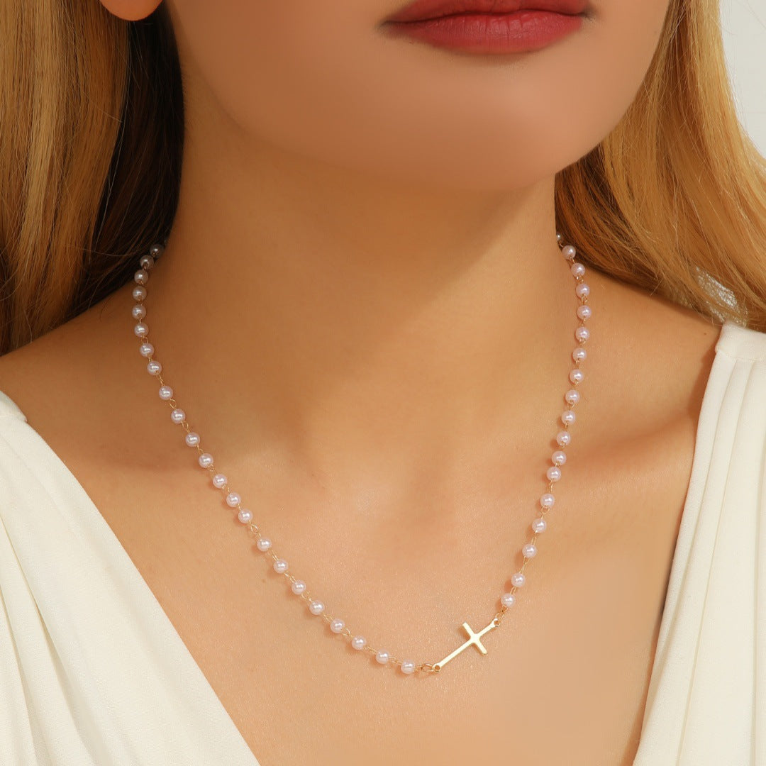 S925 Silver Pearl Cross Thin Bracelet, Minimalist Religious Beaded Bracelet for Women, Gold & Silver Two Tones