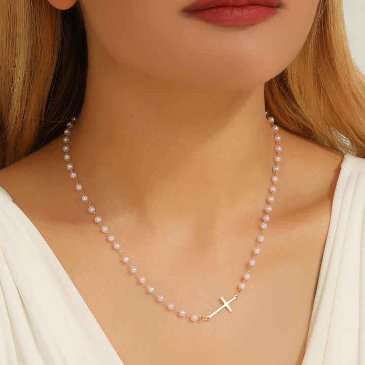 S925 Silver Pearl Cross Thin Bracelet, Minimalist Religious Beaded Bracelet for Women, Gold & Silver Two Tones