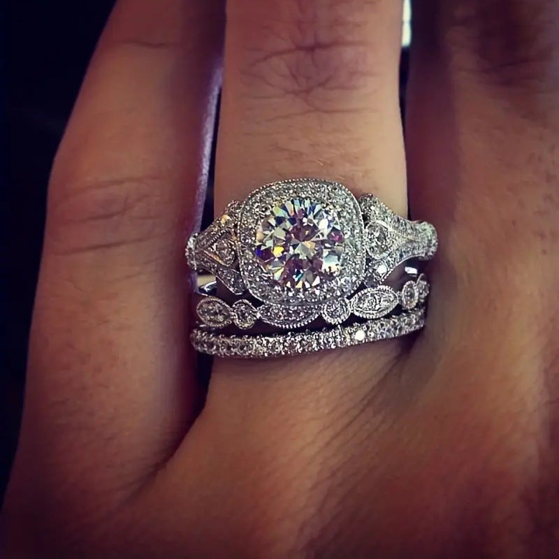 Vintage Milgrain Halo 3-Piece Bridal Ring Set, Solid S925 Silver 3-Tone Heavy Stackable Engagement Band Set